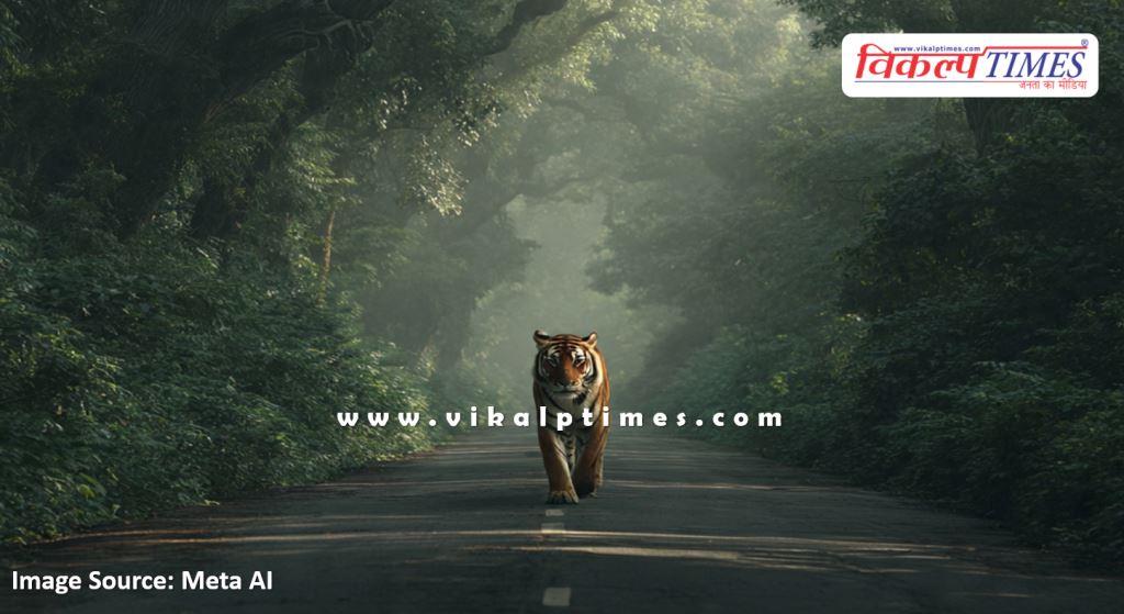 The tiger came out of the forest and reached the road in sawai madhopur