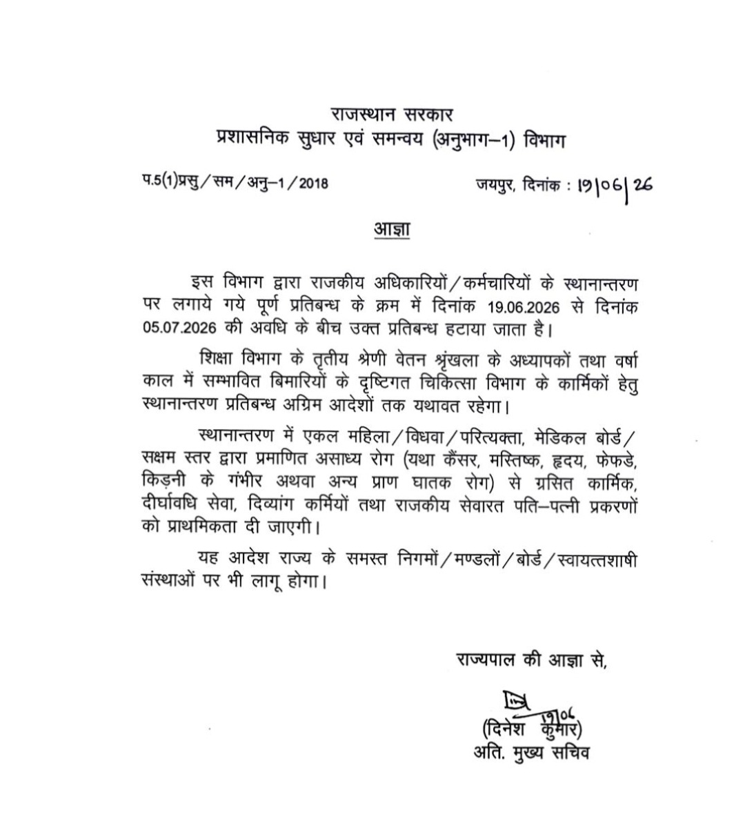 Big news for government employees, transfers posting lifted for 16 days in rajasthan Vikalp Times